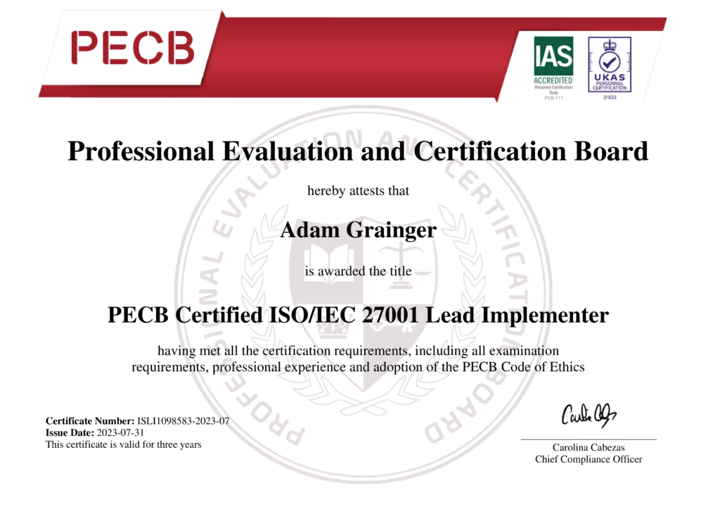 50731 ISO 27001 Lead Implementer Certificate A Grainger